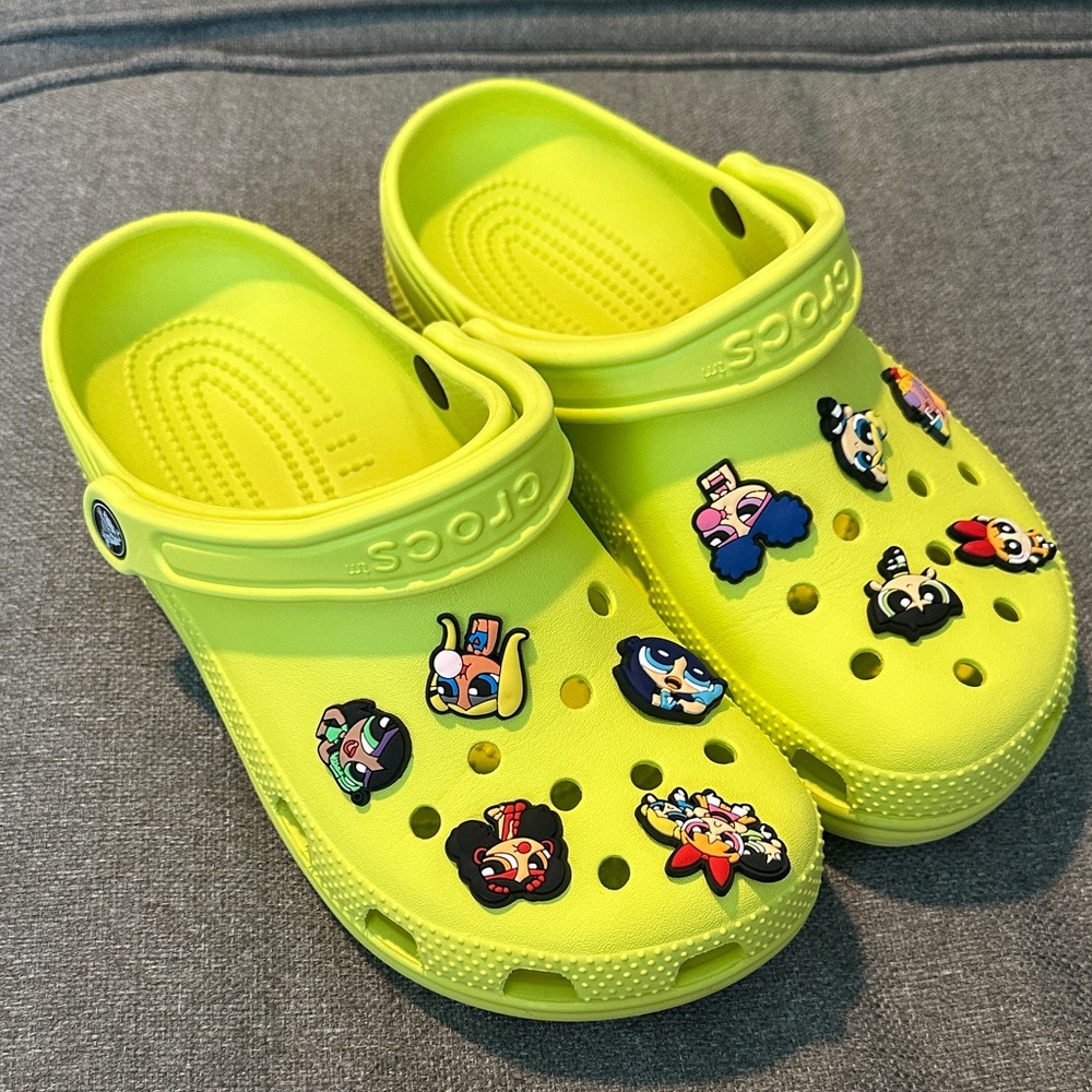 CROCS Kids' Bright Yellow Slippers with Cartoon Charms